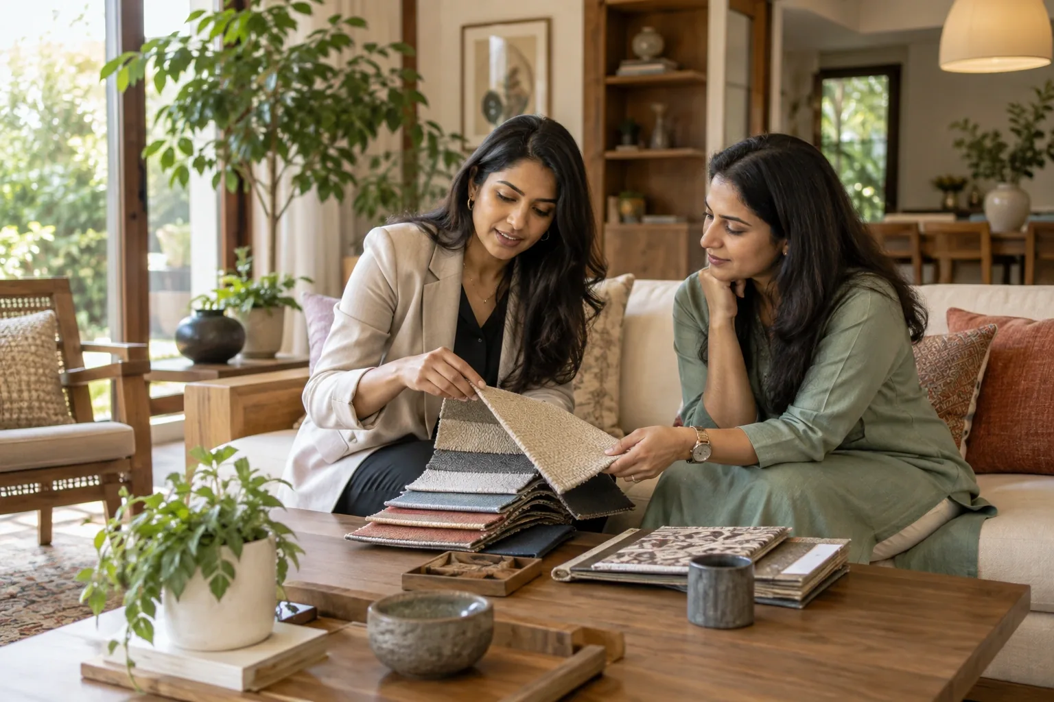 An Indian interior designer and homeowner comparing fabric samples in a thoughtfully designed living room, natural timber, indoor plants and warm daylight.